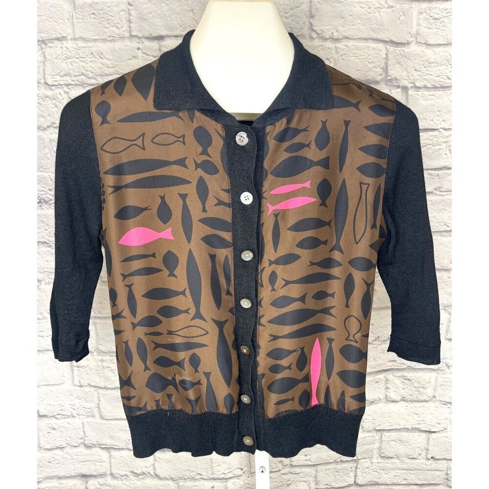 DKNY Silk Panel Blouse Button Down Short Sleeve Funky Fish Print Art Deco SMALL